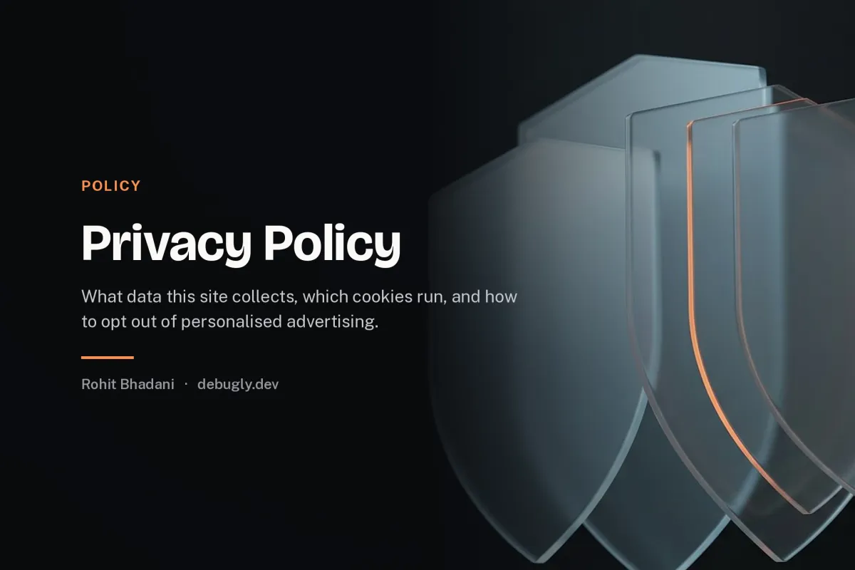 Privacy Policy. Abstract illustration of layered glass shields in orange and dark grey on debugly.dev