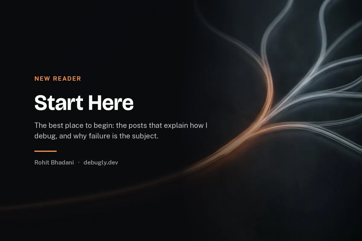 Start Here. Abstract illustration of a branching path of light in orange and dark grey on debugly.dev