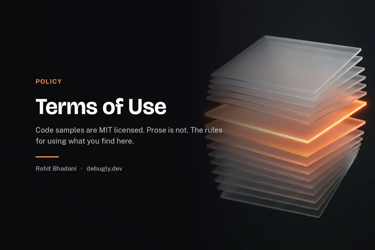 Terms of Use. Abstract illustration of stacked glass sheets in orange and dark grey on debugly.dev