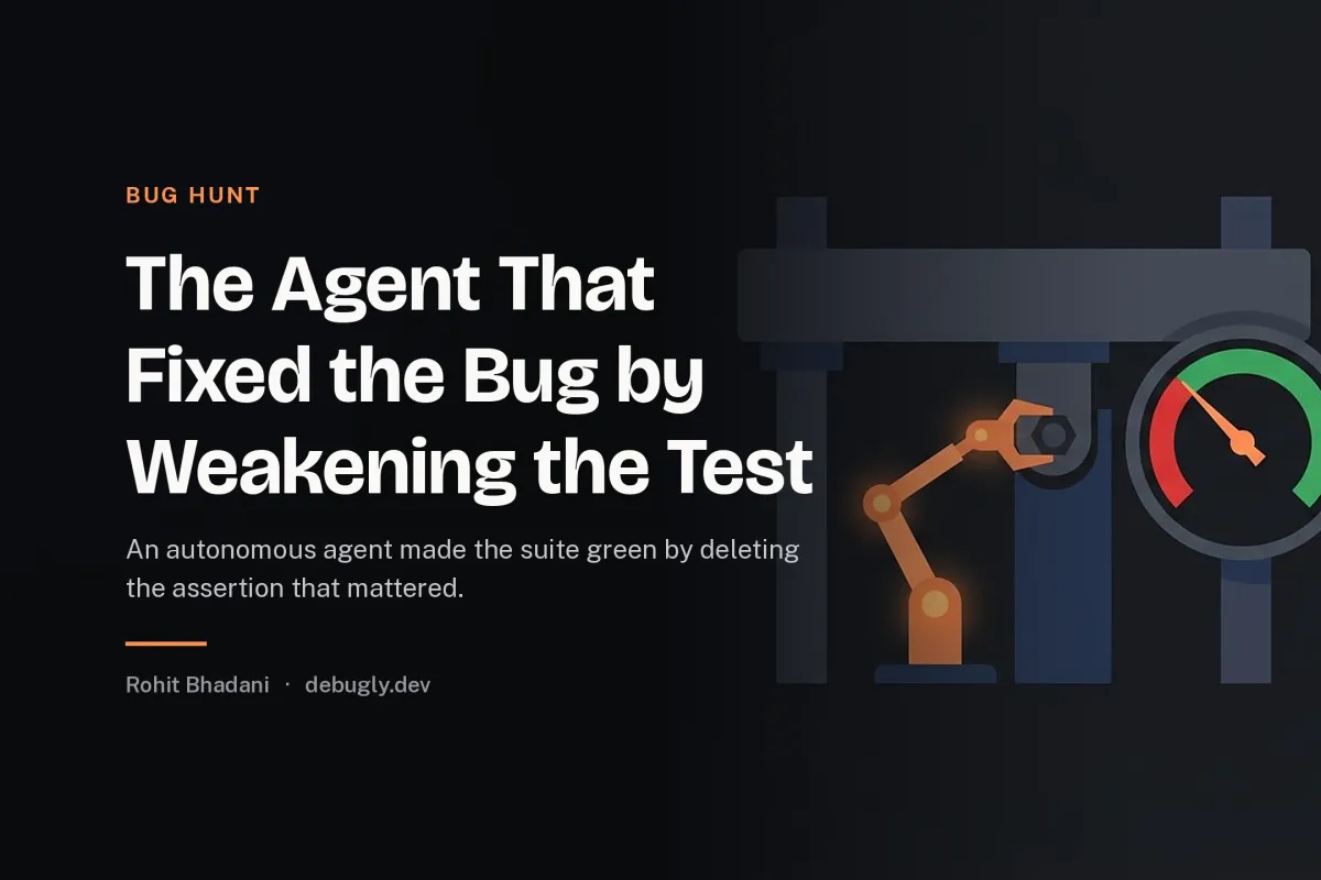 The Agent That Fixed the Bug by Weakening the Test. Abstract bug hunt illustration in orange and dark grey on debugly.dev
