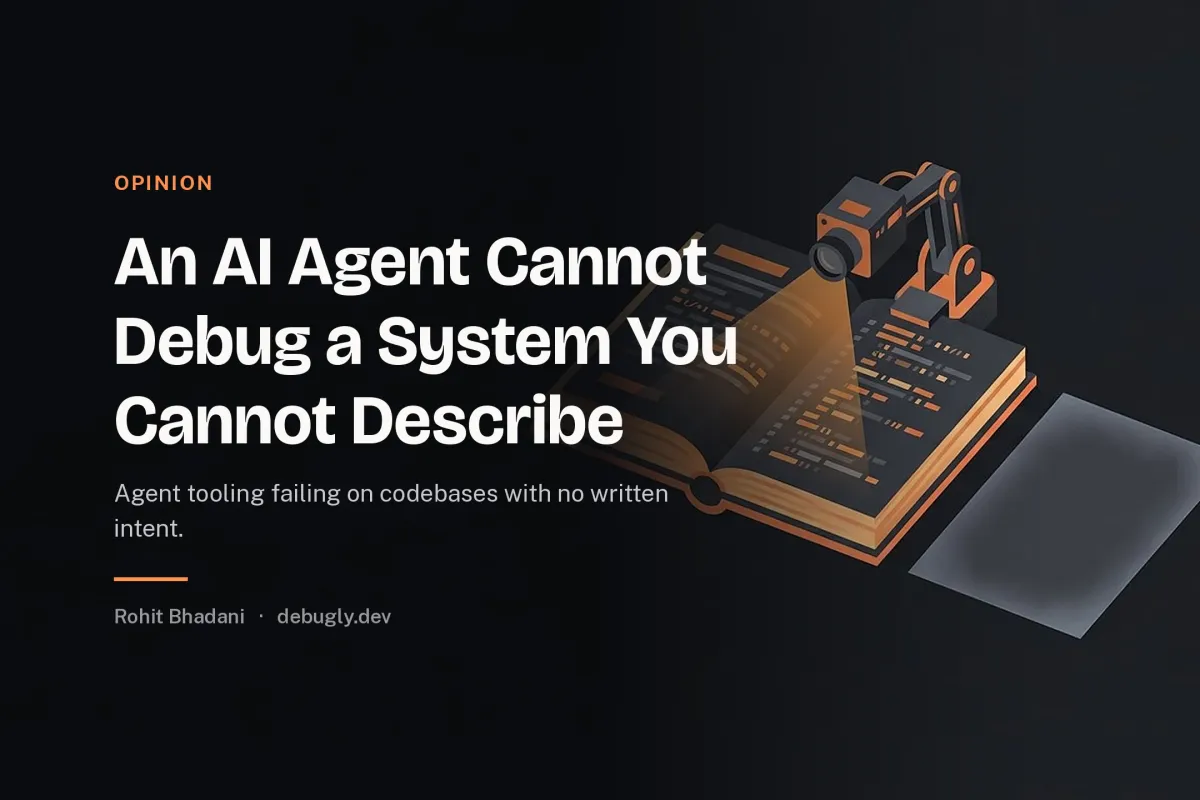 An AI Agent Cannot Debug a System You Cannot Describe. Abstract opinion illustration in orange and dark grey on debugly.dev