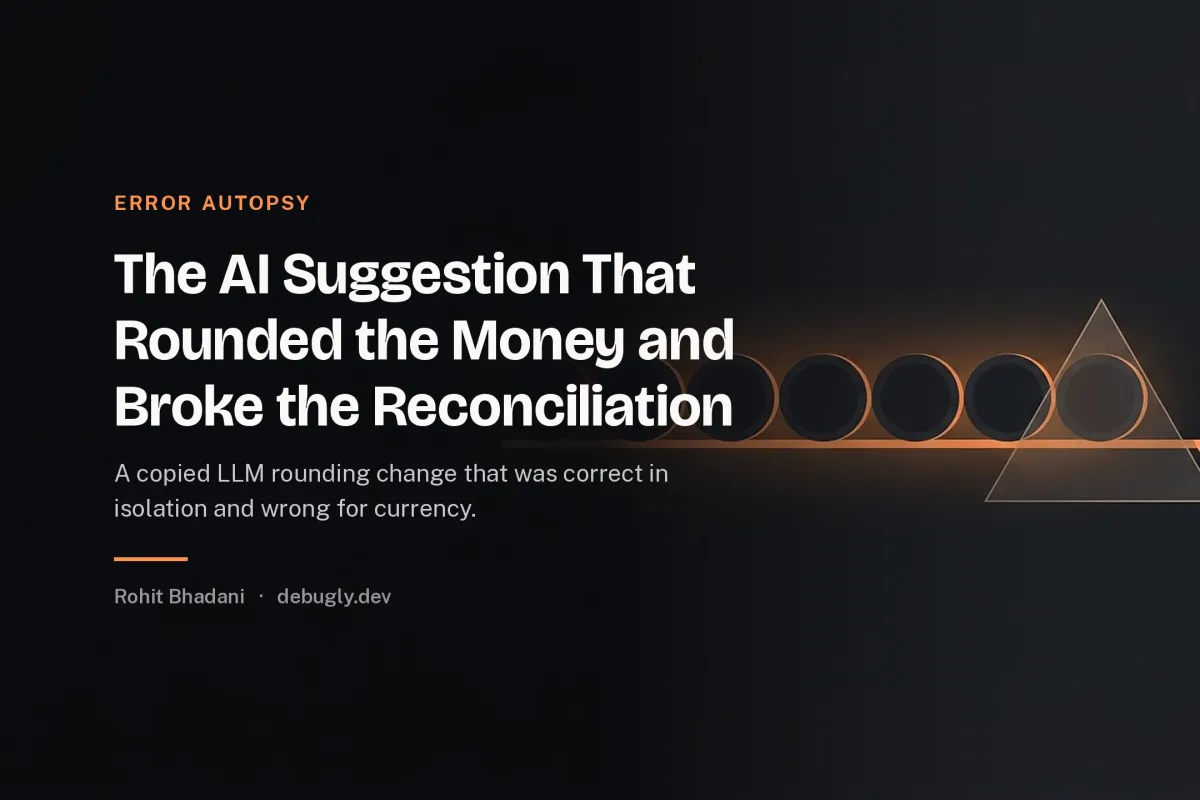 The AI Suggestion That Rounded the Money and Broke the Reconciliation. Abstract error autopsy illustration in orange and dark grey on debugly.dev