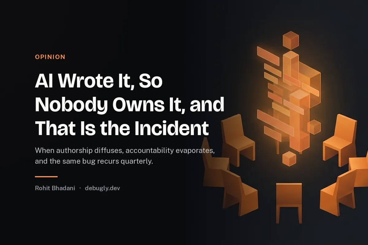 AI Wrote It, So Nobody Owns It, and That Is the Incident. Abstract opinion illustration in orange and dark grey on debugly.dev