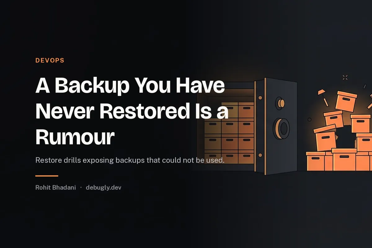 A Backup You Have Never Restored Is a Rumour. Abstract devops illustration in orange and dark grey on debugly.dev