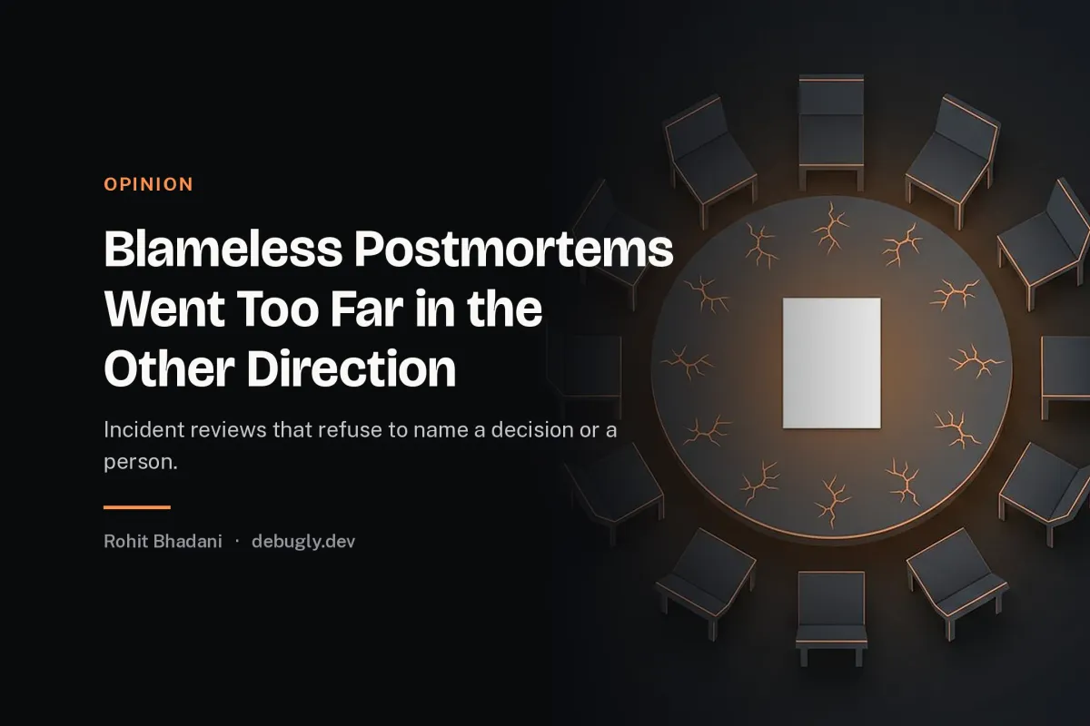 Blameless Postmortems Went Too Far in the Other Direction. Abstract opinion illustration in orange and dark grey on debugly.dev