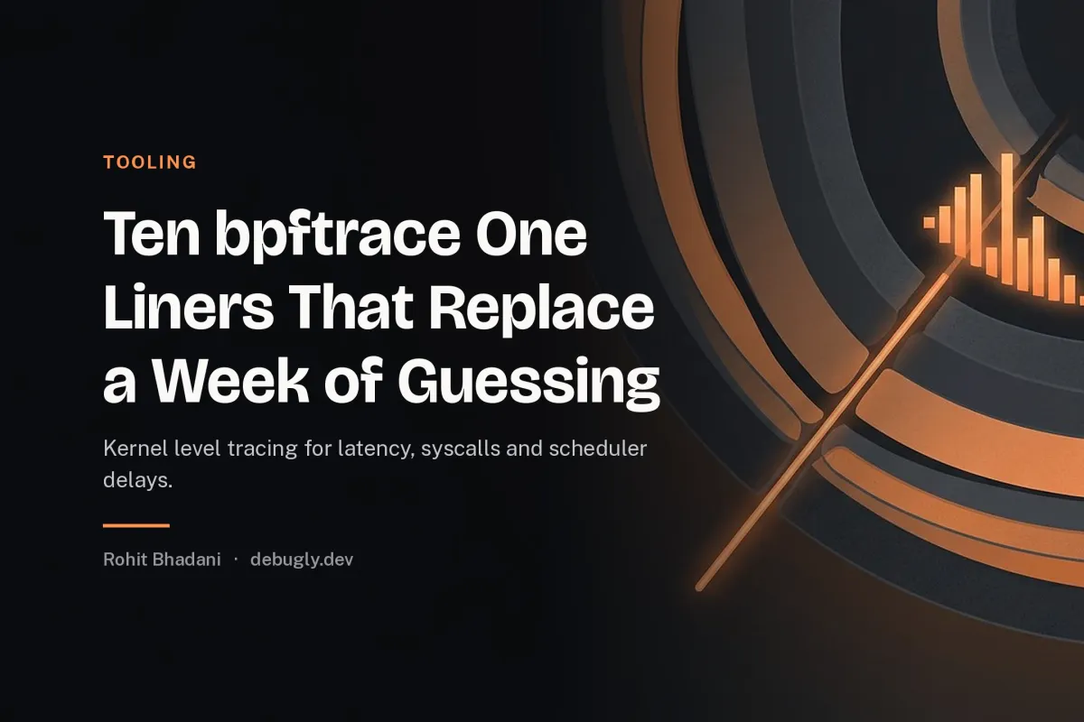 Ten bpftrace One Liners That Replace a Week of Guessing. Abstract tooling illustration in orange and dark grey on debugly.dev