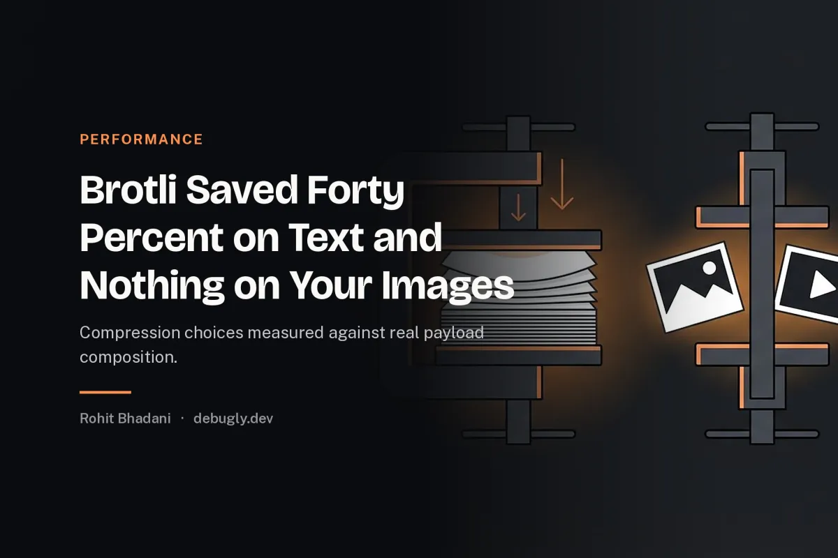Brotli Saved Forty Percent on Text and Nothing on Your Images. Abstract performance illustration in orange and dark grey on debugly.dev