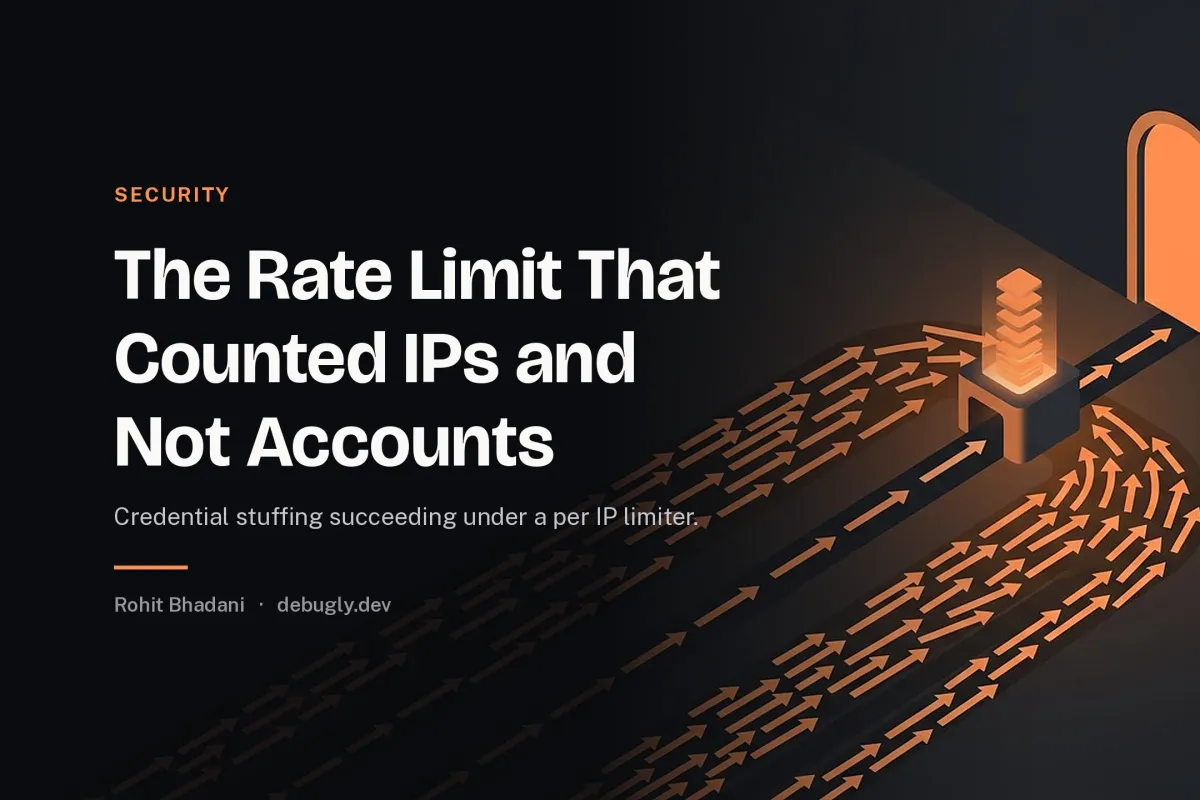 The Rate Limit That Counted IPs and Not Accounts. Abstract security illustration in orange and dark grey on debugly.dev