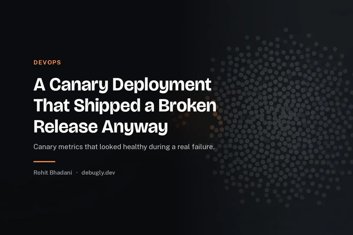 A Canary Deployment That Shipped a Broken Release Anyway. Abstract devops illustration in orange and dark grey on debugly.dev