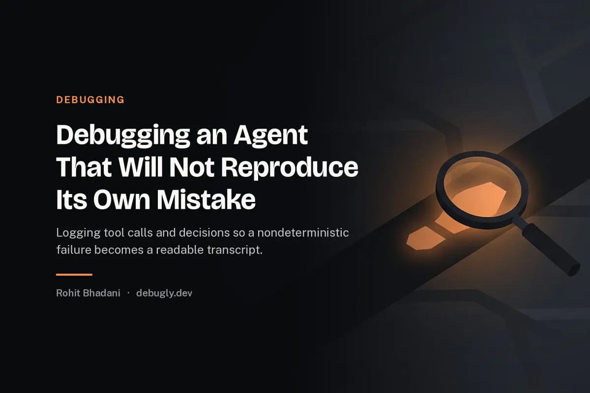Debugging an Agent That Will Not Reproduce Its Own Mistake. Abstract debugging illustration in orange and dark grey on debugly.dev