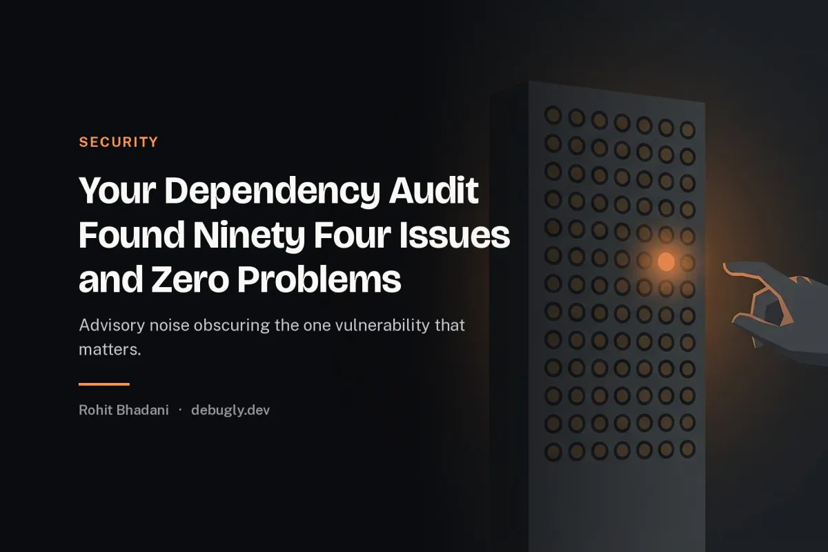 Your Dependency Audit Found Ninety Four Issues and Zero Problems. Abstract security illustration in orange and dark grey on debugly.dev