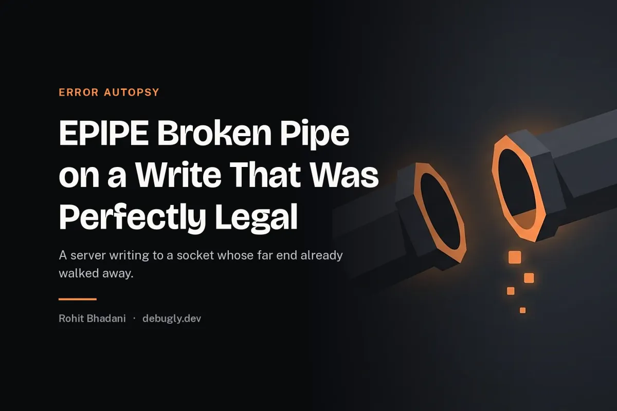 EPIPE Broken Pipe on a Write That Was Perfectly Legal. Abstract error autopsy illustration in orange and dark grey on debugly.dev