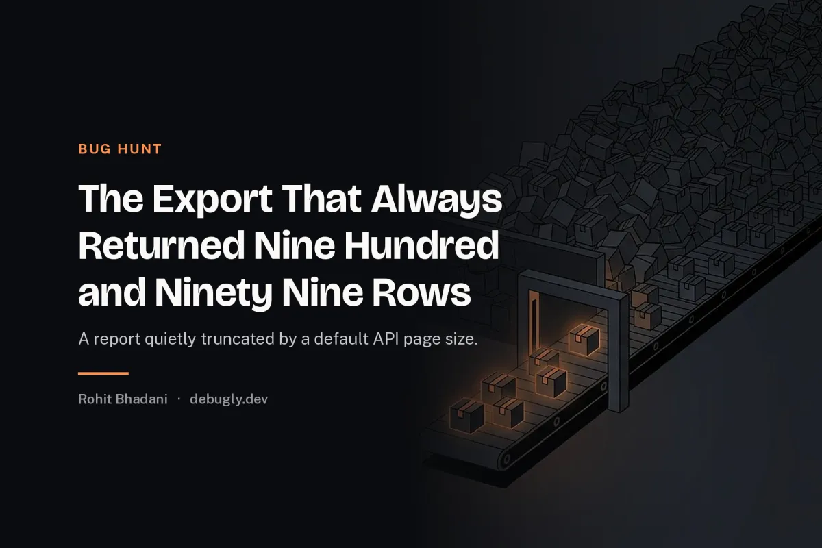 The Export That Always Returned Nine Hundred and Ninety Nine Rows. Abstract bug hunt illustration in orange and dark grey on debugly.dev