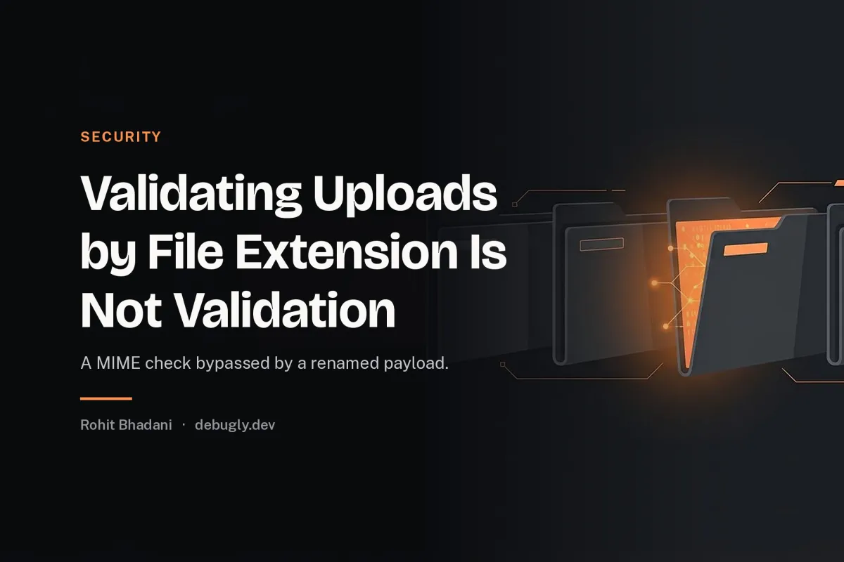 Validating Uploads by File Extension Is Not Validation. Abstract security illustration in orange and dark grey on debugly.dev