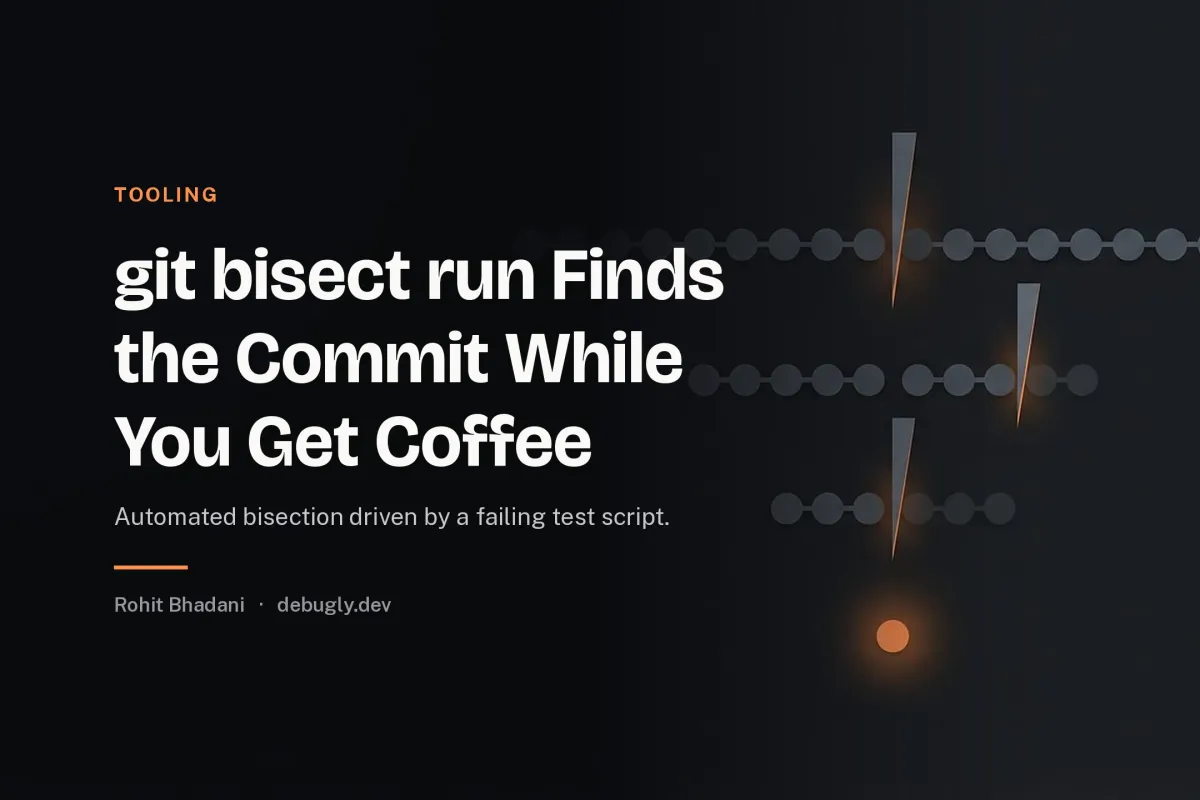 git bisect run Finds the Commit While You Get Coffee. Abstract tooling illustration in orange and dark grey on debugly.dev