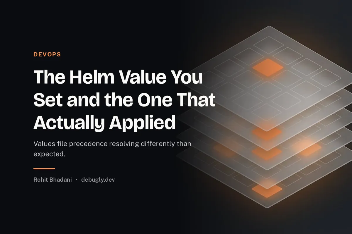 The Helm Value You Set and the One That Actually Applied. Abstract devops illustration in orange and dark grey on debugly.dev
