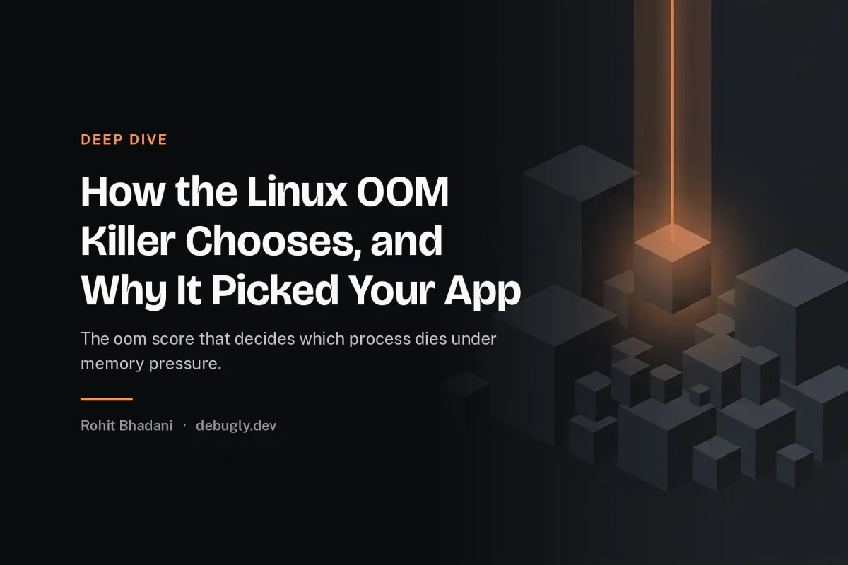 How the Linux OOM Killer Chooses, and Why It Picked Your App. Abstract deep dive illustration in orange and dark grey on debugly.dev