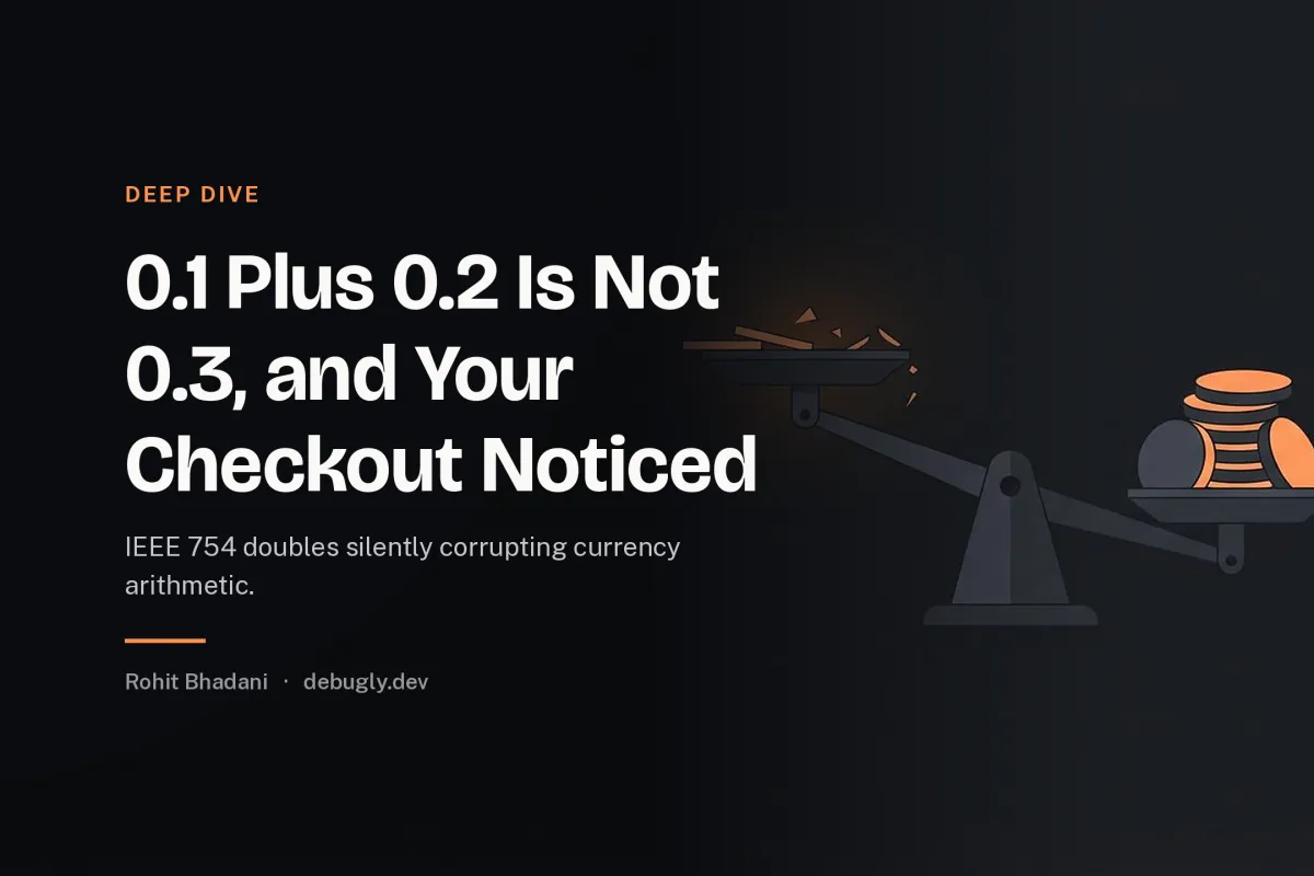 0.1 Plus 0.2 Is Not 0.3, and Your Checkout Noticed. Abstract deep dive illustration in orange and dark grey on debugly.dev