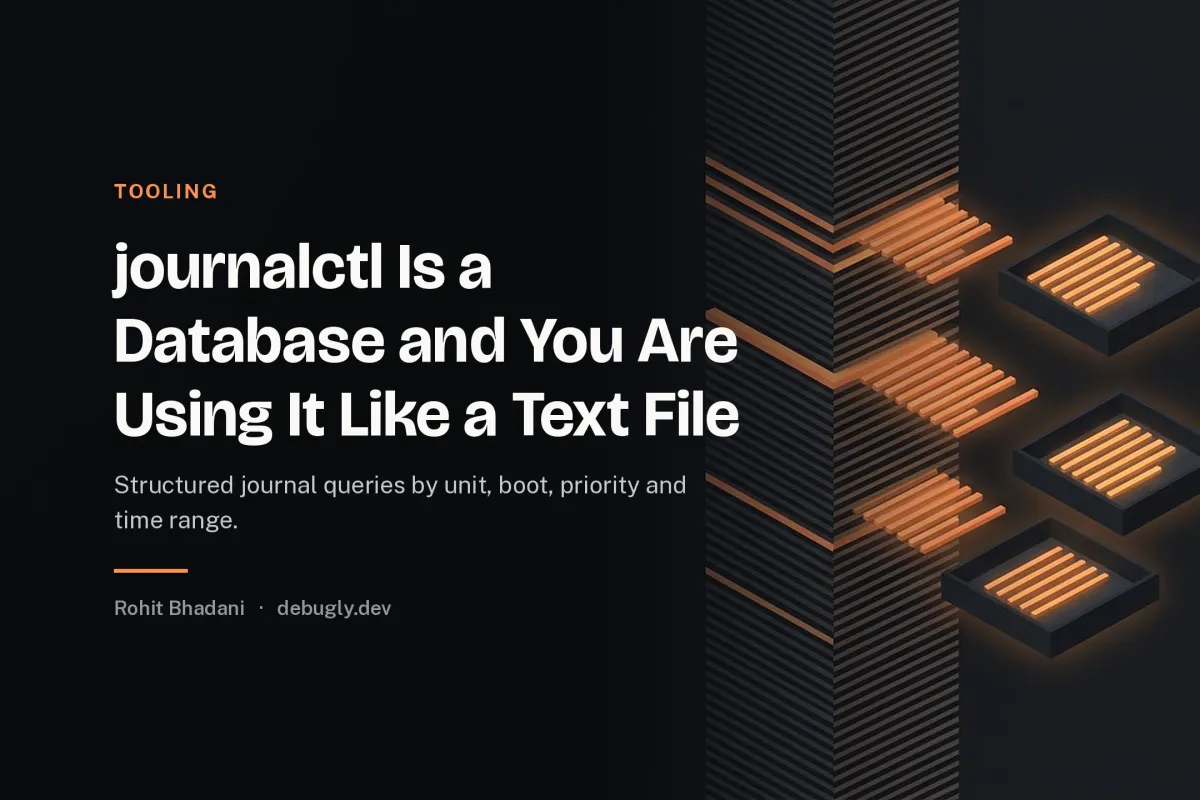 journalctl Is a Database and You Are Using It Like a Text File. Abstract tooling illustration in orange and dark grey on debugly.dev