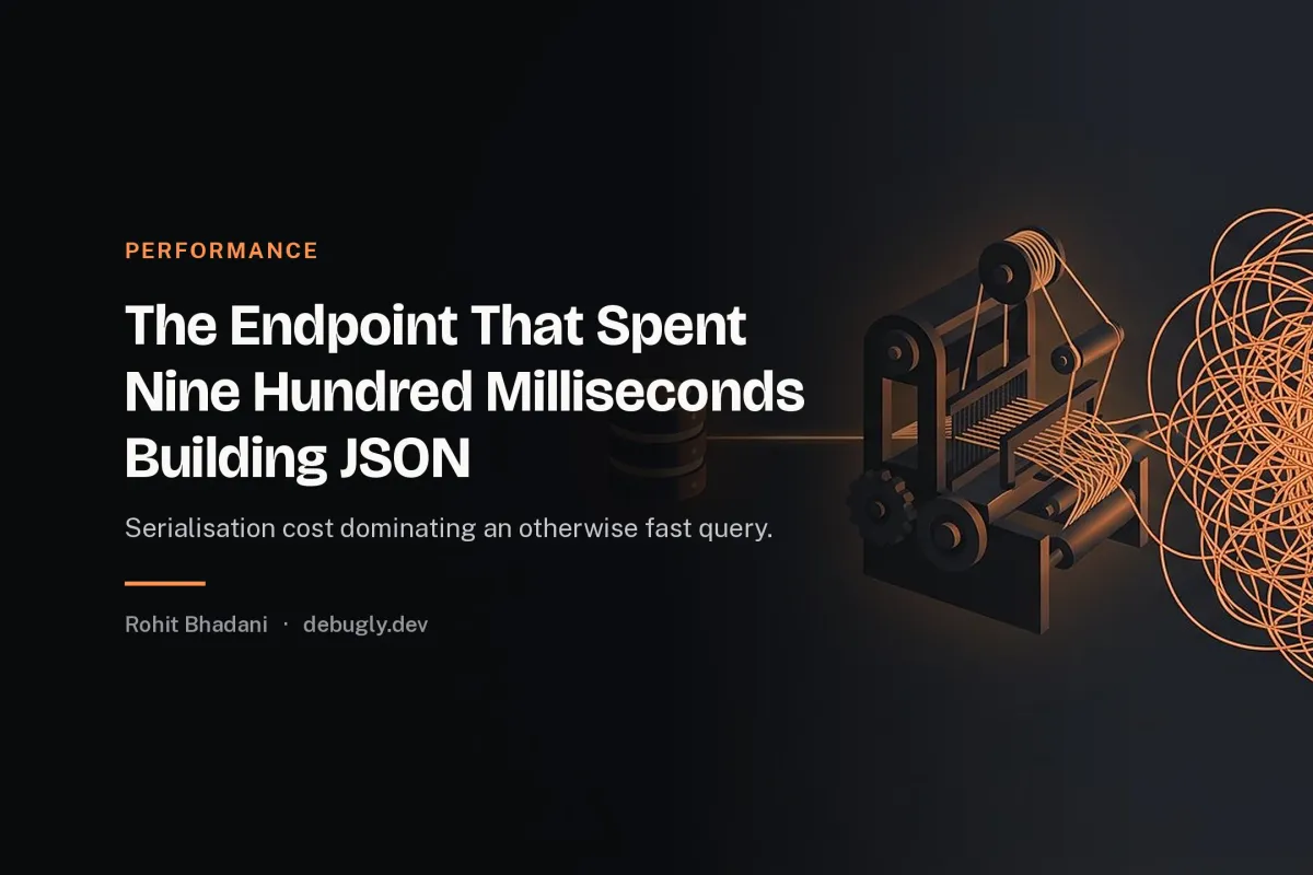 The Endpoint That Spent Nine Hundred Milliseconds Building JSON. Abstract performance illustration in orange and dark grey on debugly.dev