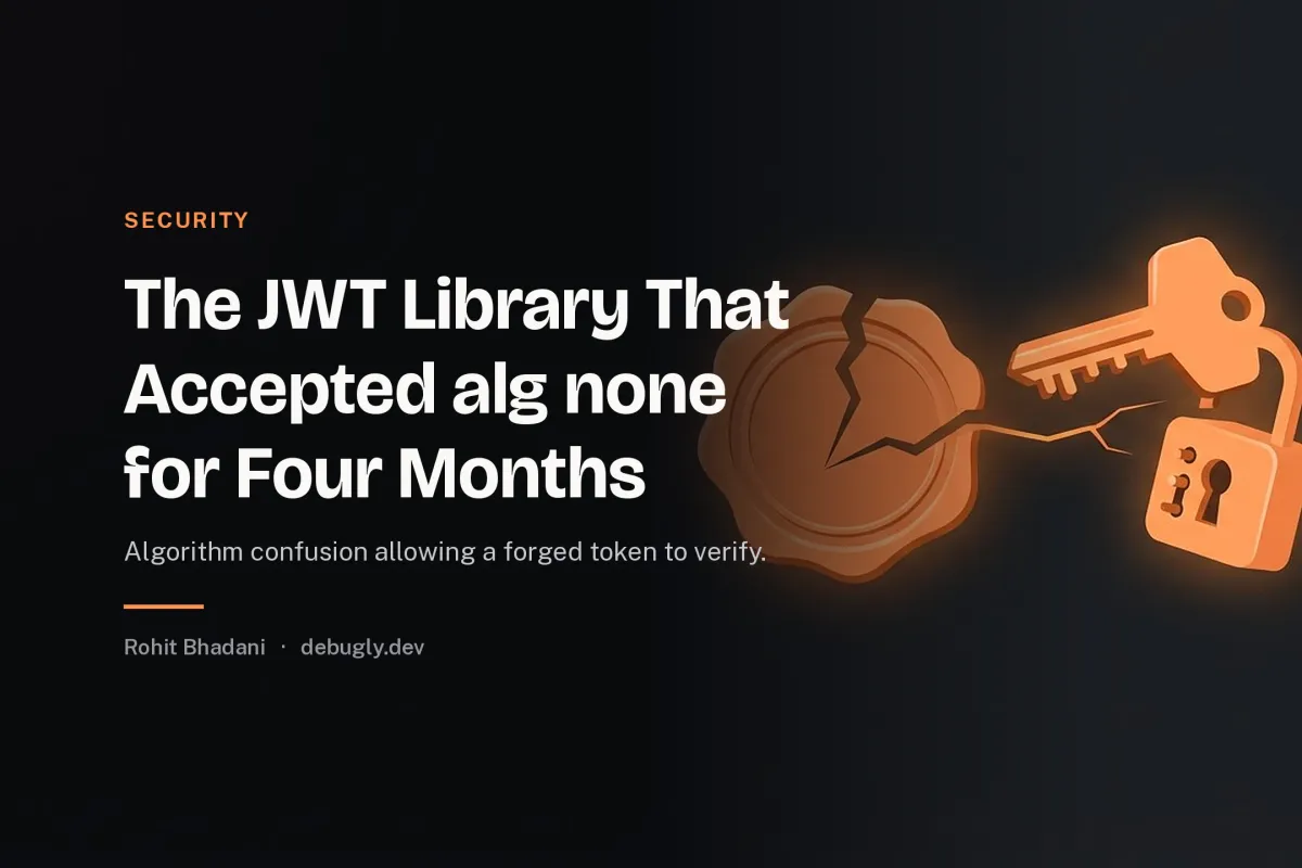 The JWT Library That Accepted alg none for Four Months. Abstract security illustration in orange and dark grey on debugly.dev