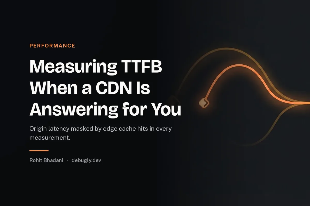 Measuring TTFB When a CDN Is Answering for You. Abstract performance illustration in orange and dark grey on debugly.dev