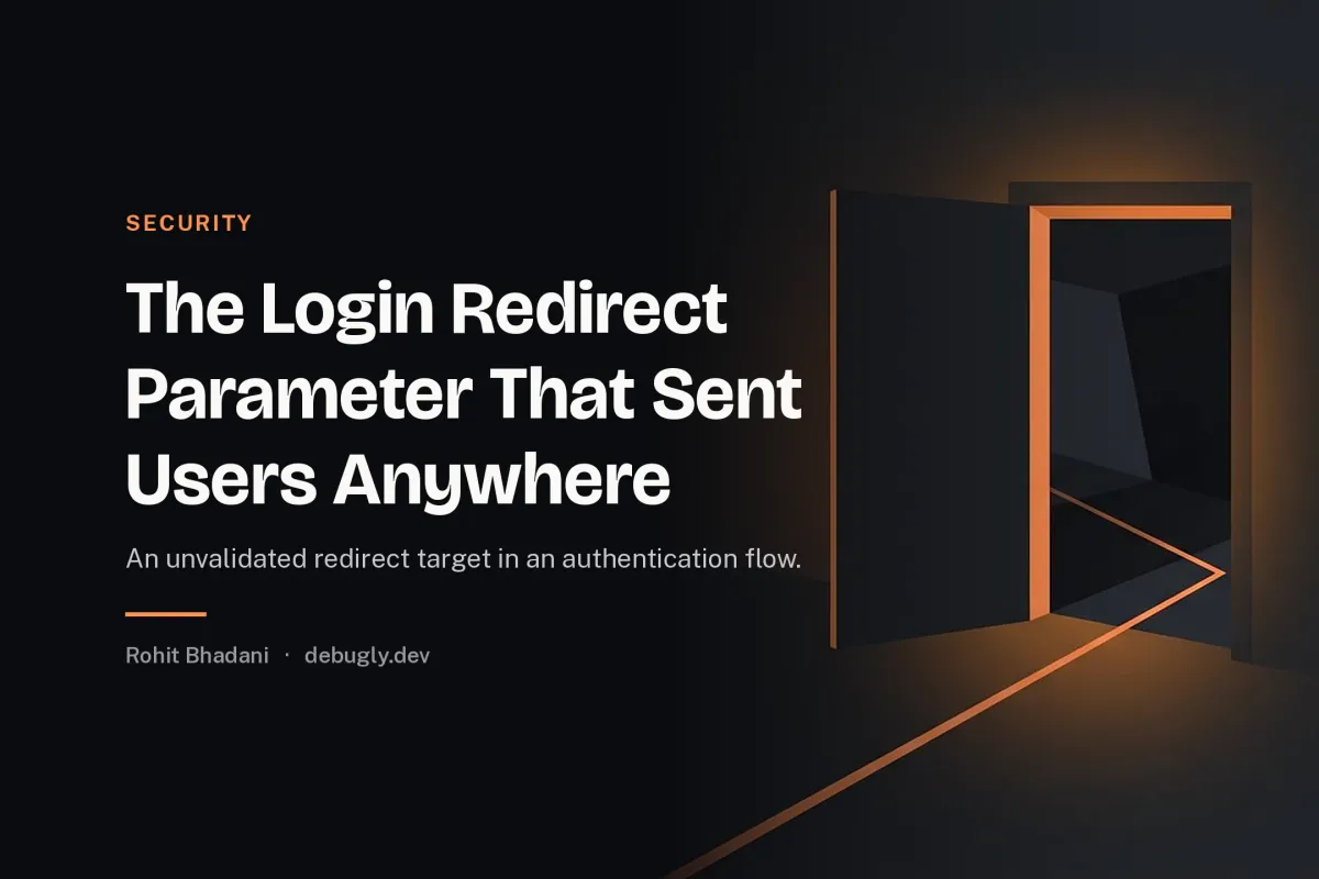 The Login Redirect Parameter That Sent Users Anywhere. Abstract security illustration in orange and dark grey on debugly.dev