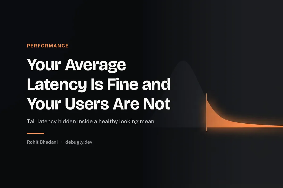Your Average Latency Is Fine and Your Users Are Not. Abstract performance illustration in orange and dark grey on debugly.dev