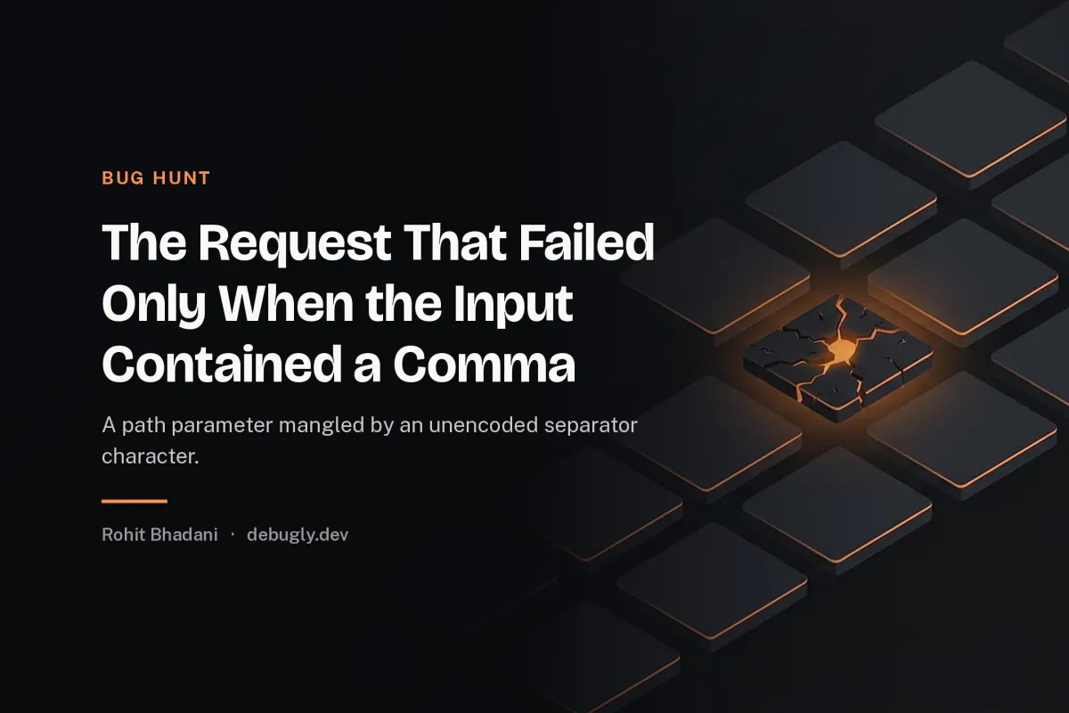 The Request That Failed Only When the Input Contained a Comma. Abstract bug hunt illustration in orange and dark grey on debugly.dev