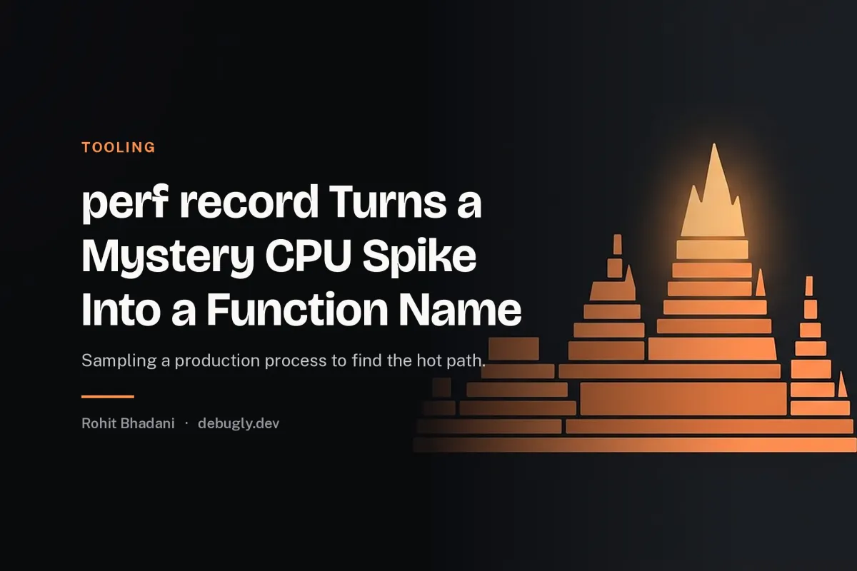 perf record Turns a Mystery CPU Spike Into a Function Name. Abstract tooling illustration in orange and dark grey on debugly.dev