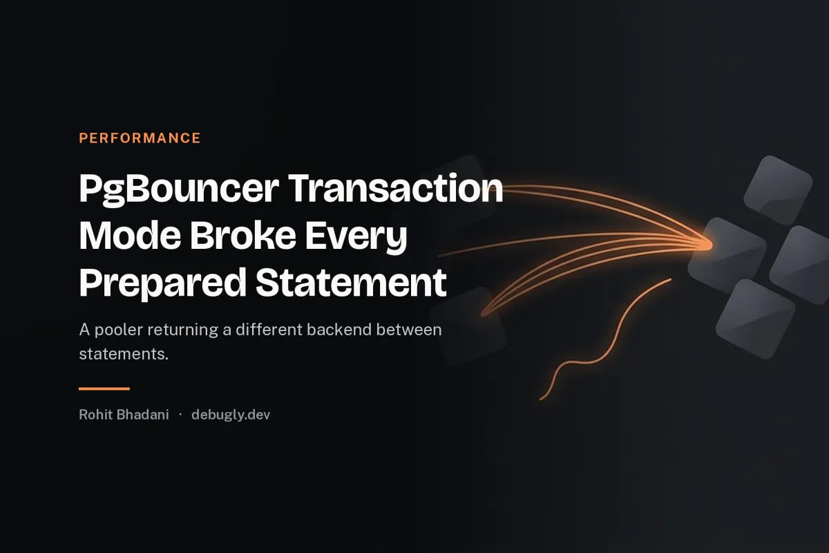 PgBouncer Transaction Mode Broke Every Prepared Statement. Abstract performance illustration in orange and dark grey on debugly.dev