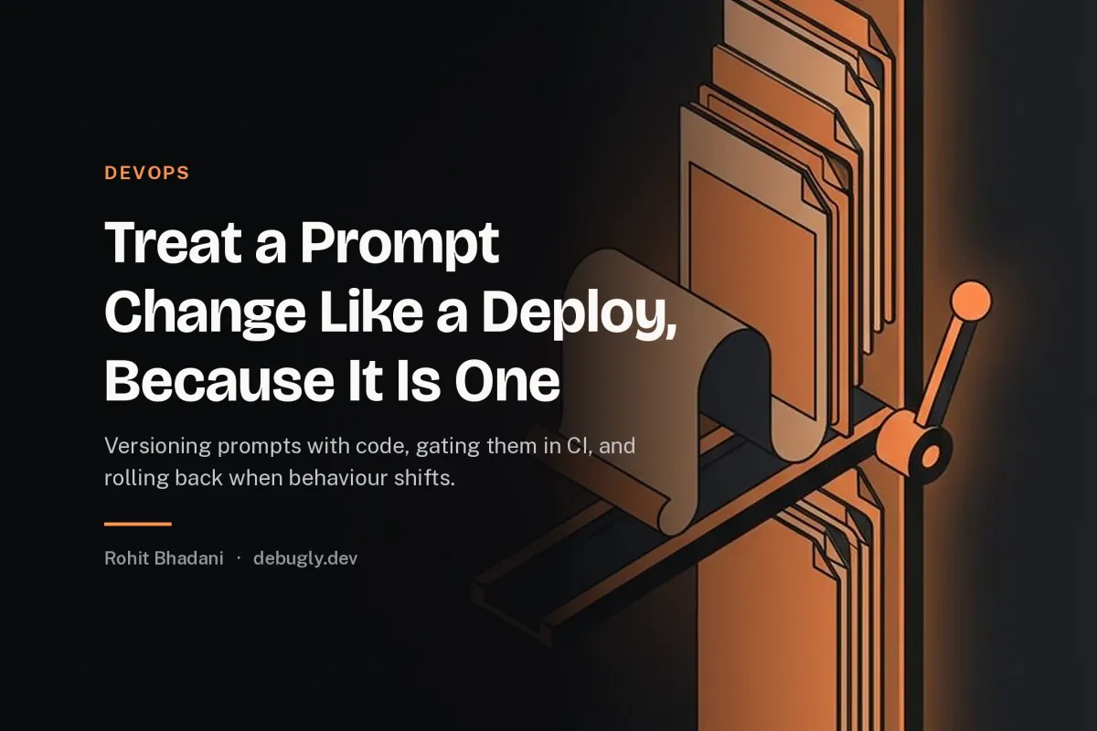 Treat a Prompt Change Like a Deploy, Because It Is One. Abstract devops illustration in orange and dark grey on debugly.dev