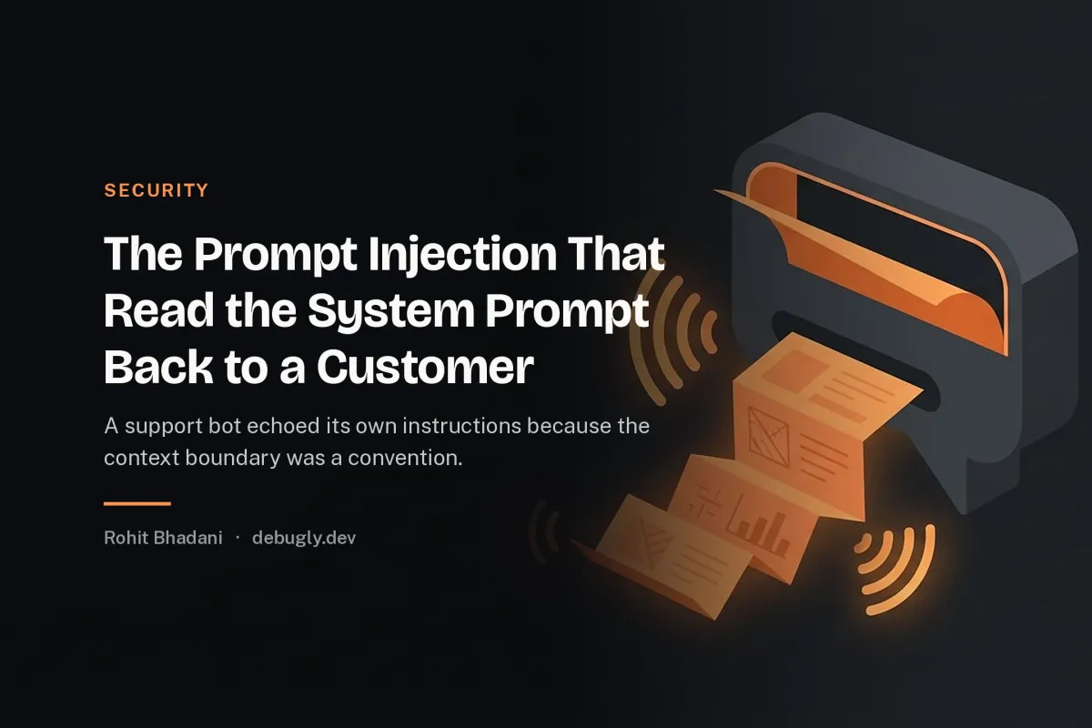 The Prompt Injection That Read the System Prompt Back to a Customer. Abstract security illustration in orange and dark grey on debugly.dev