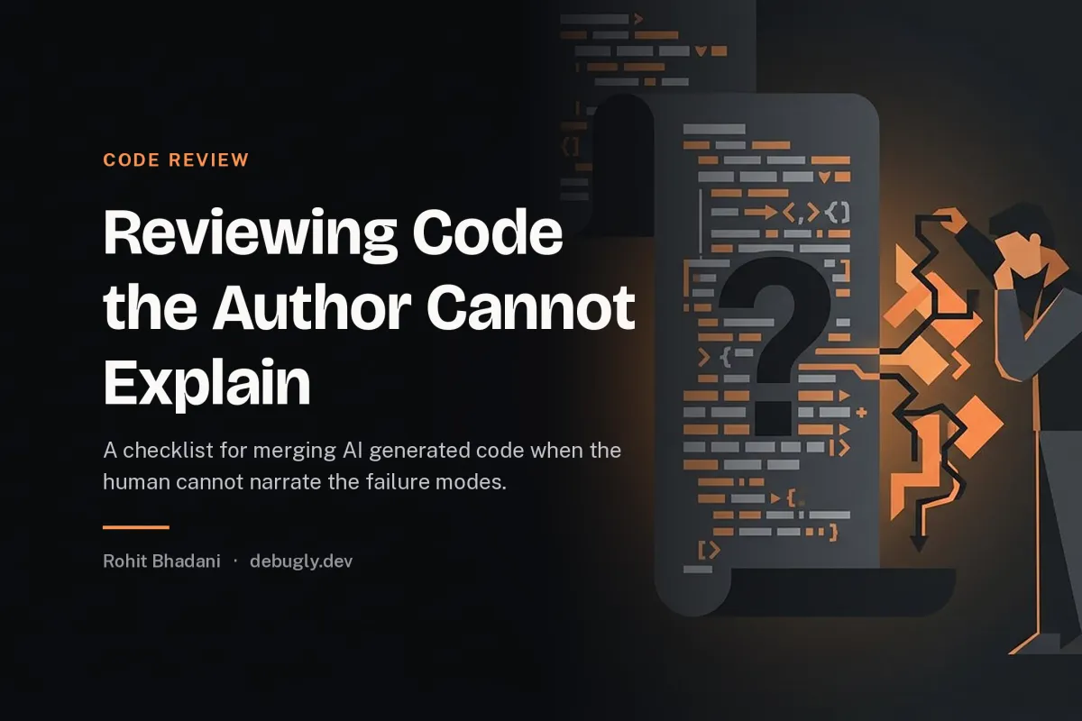 Reviewing Code the Author Cannot Explain. Abstract code review illustration in orange and dark grey on debugly.dev