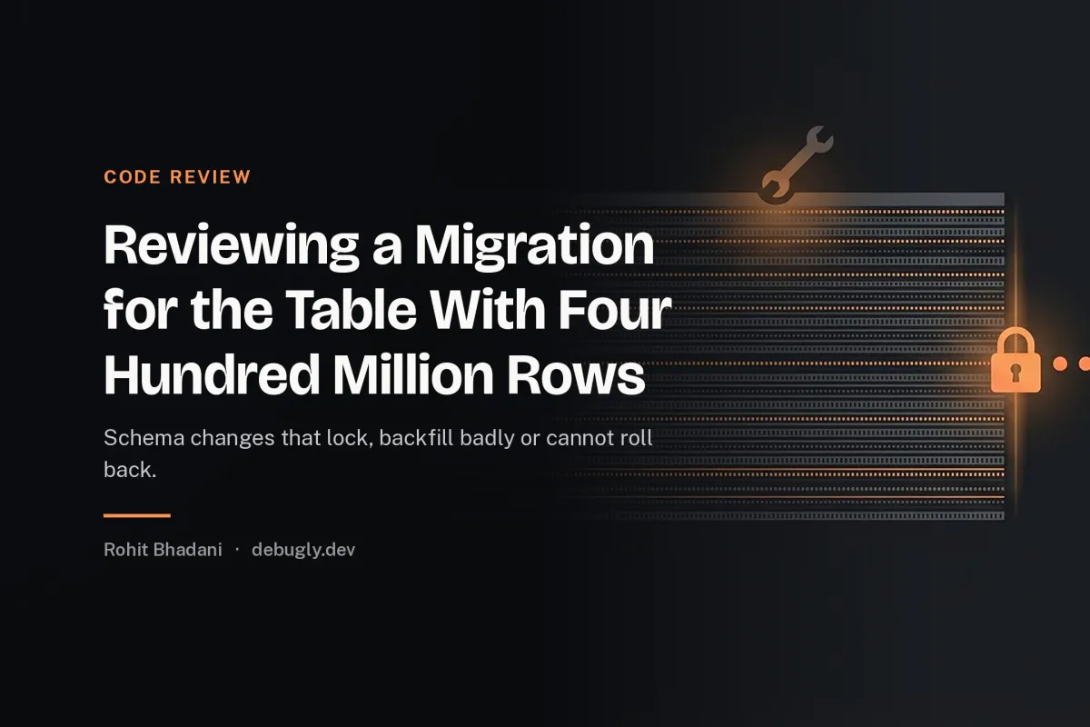 Reviewing a Migration for the Table With Four Hundred Million Rows. Abstract code review illustration in orange and dark grey on debugly.dev
