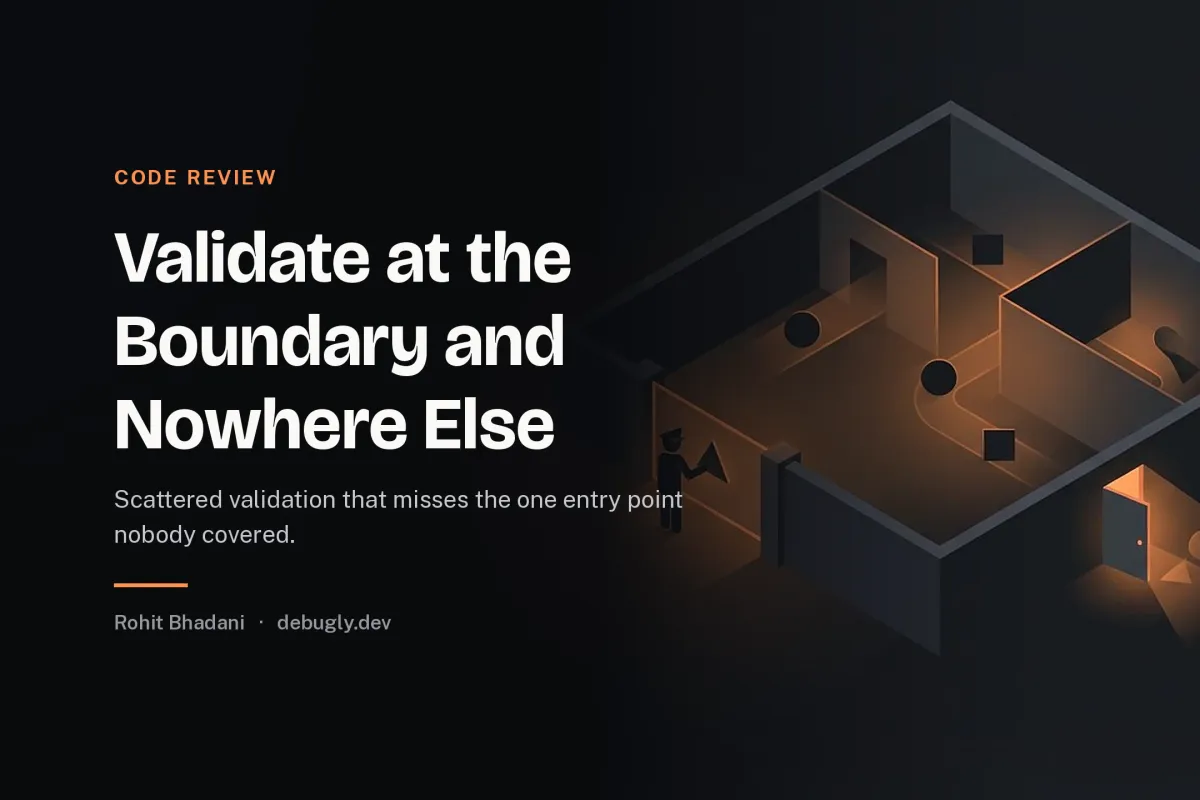 Validate at the Boundary and Nowhere Else. Abstract code review illustration in orange and dark grey on debugly.dev