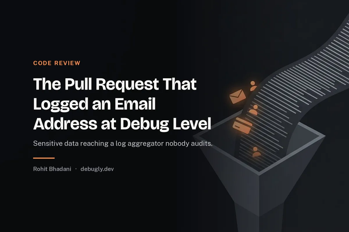 The Pull Request That Logged an Email Address at Debug Level. Abstract code review illustration in orange and dark grey on debugly.dev