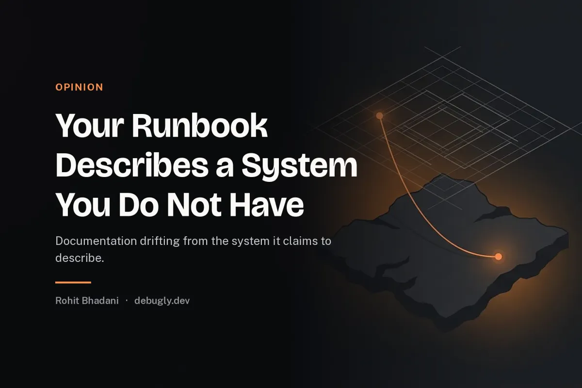 Your Runbook Describes a System You Do Not Have. Abstract opinion illustration in orange and dark grey on debugly.dev