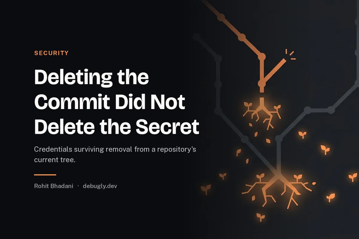Deleting the Commit Did Not Delete the Secret. Abstract security illustration in orange and dark grey on debugly.dev