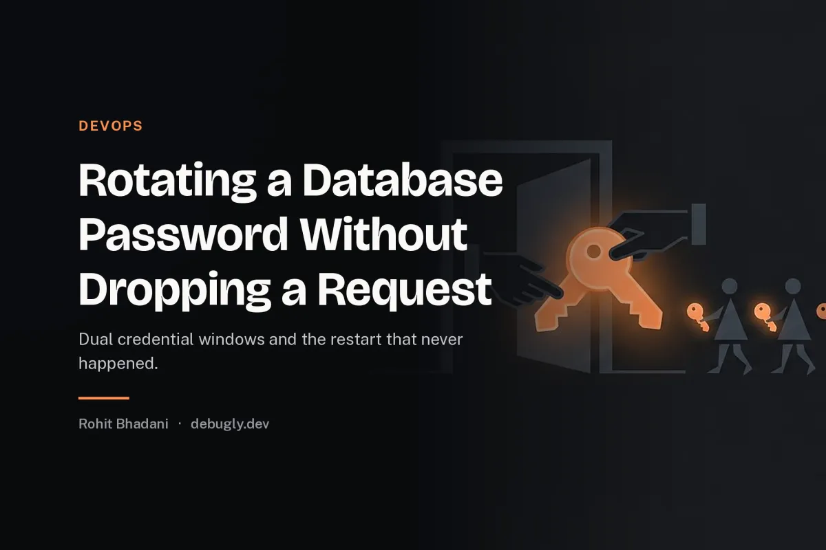 Rotating a Database Password Without Dropping a Request. Abstract devops illustration in orange and dark grey on debugly.dev