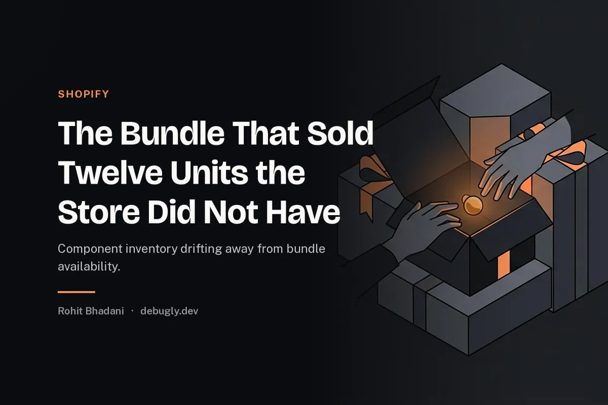 The Bundle That Sold Twelve Units the Store Did Not Have. Abstract shopify illustration in orange and dark grey on debugly.dev