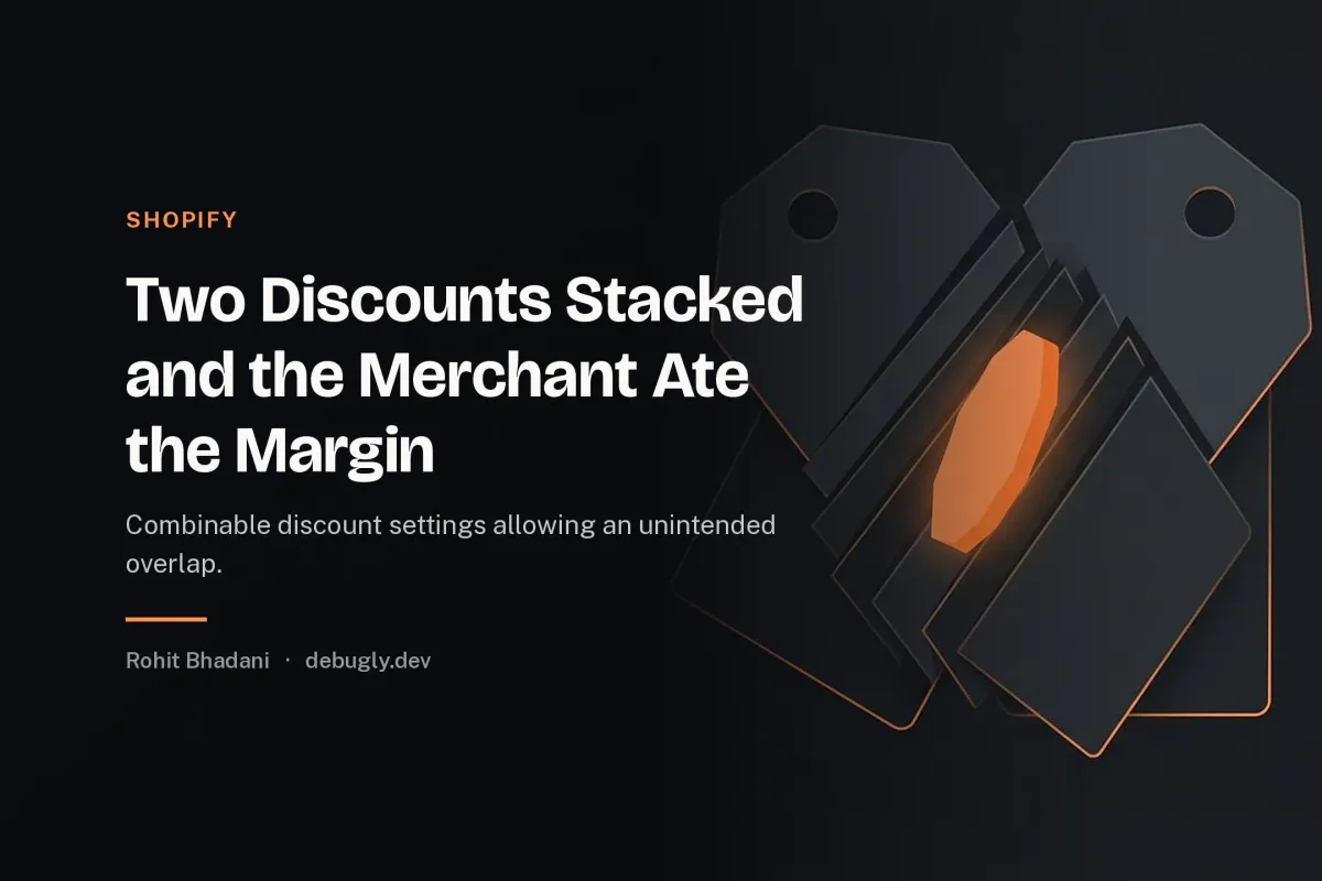 Two Discounts Stacked and the Merchant Ate the Margin. Abstract shopify illustration in orange and dark grey on debugly.dev