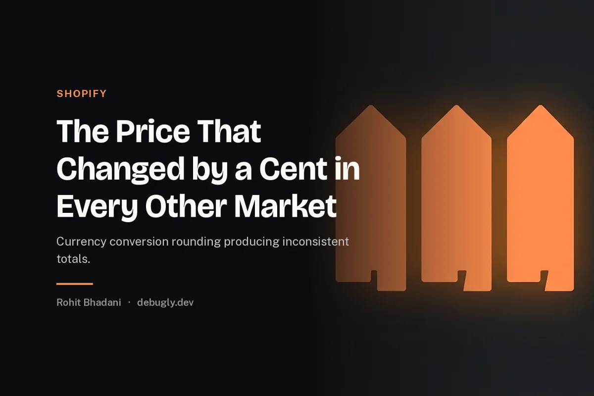 The Price That Changed by a Cent in Every Other Market. Abstract shopify illustration in orange and dark grey on debugly.dev