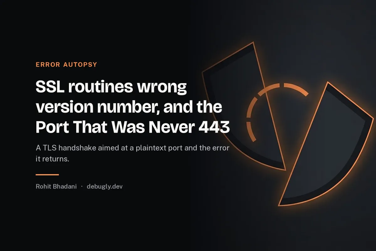 SSL routines wrong version number, and the Port That Was Never 443. Abstract error autopsy illustration in orange and dark grey on debugly.dev