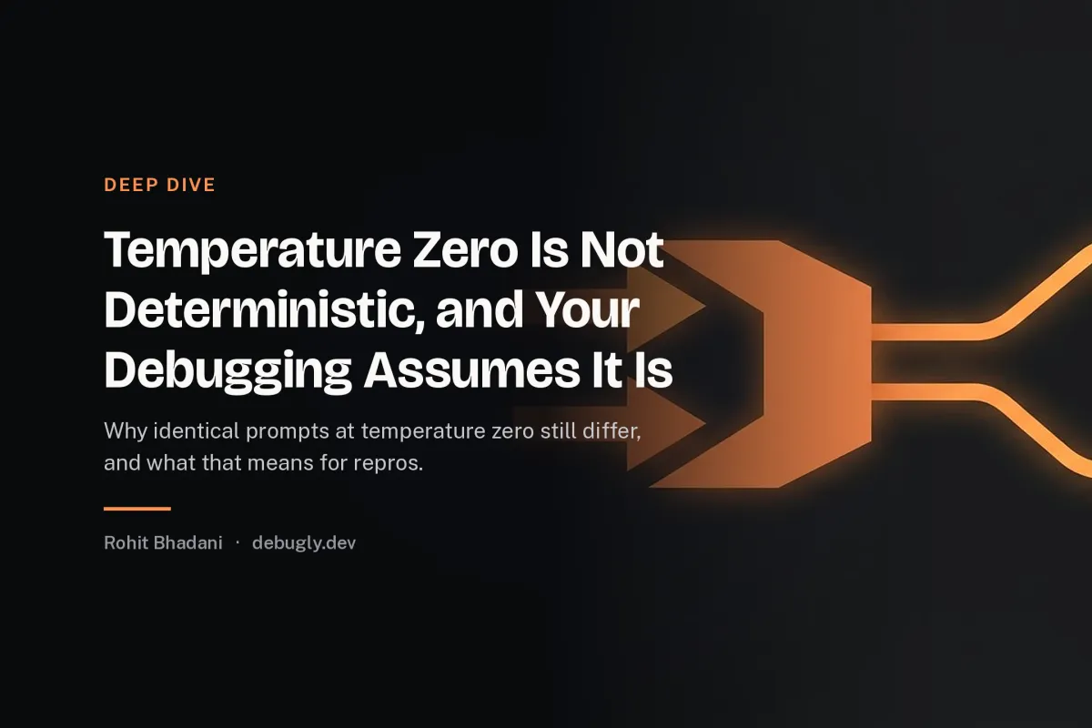Temperature Zero Is Not Deterministic, and Your Debugging Assumes It Is. Abstract deep dive illustration in orange and dark grey on debugly.dev