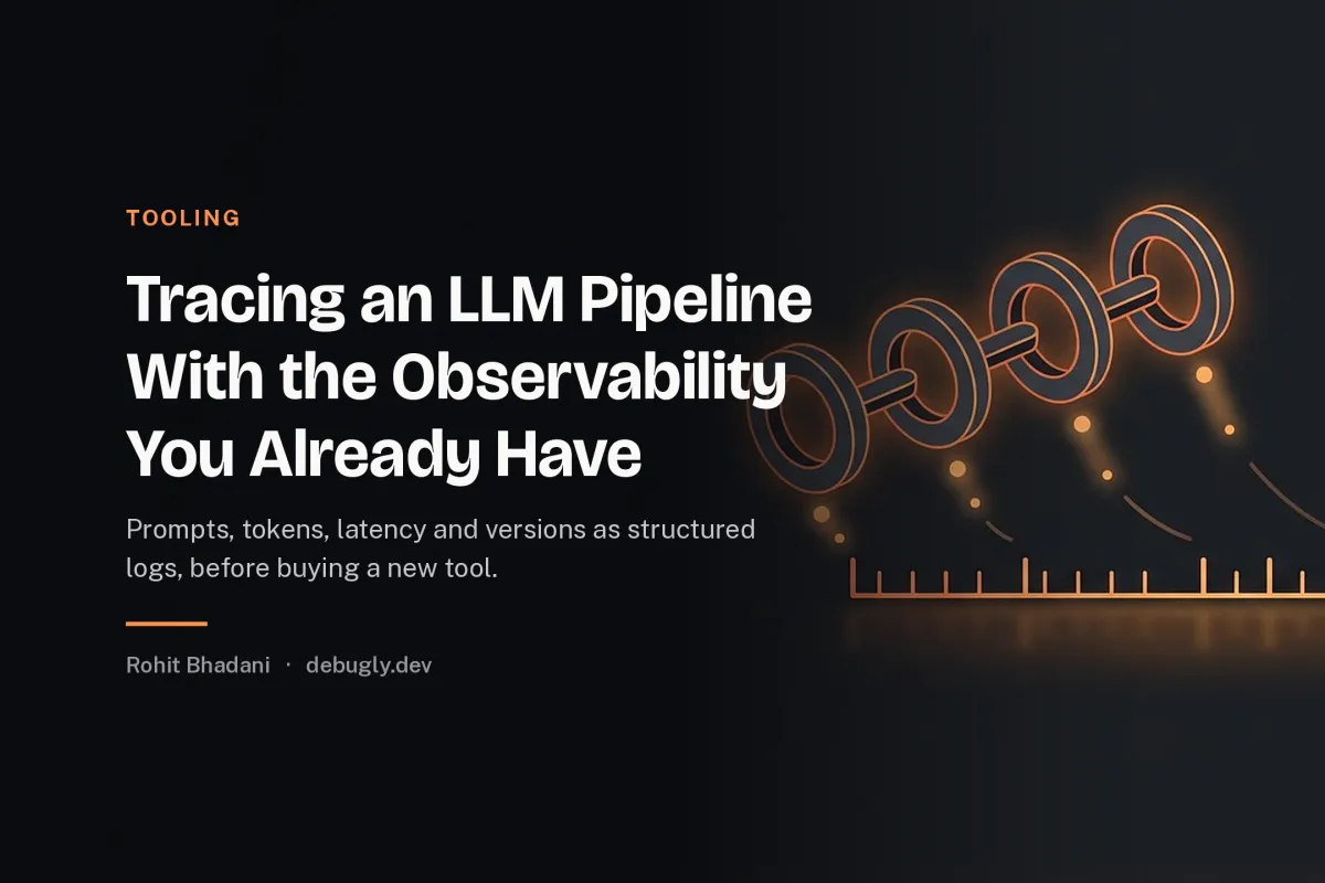 Tracing an LLM Pipeline With the Observability You Already Have. Abstract tooling illustration in orange and dark grey on debugly.dev