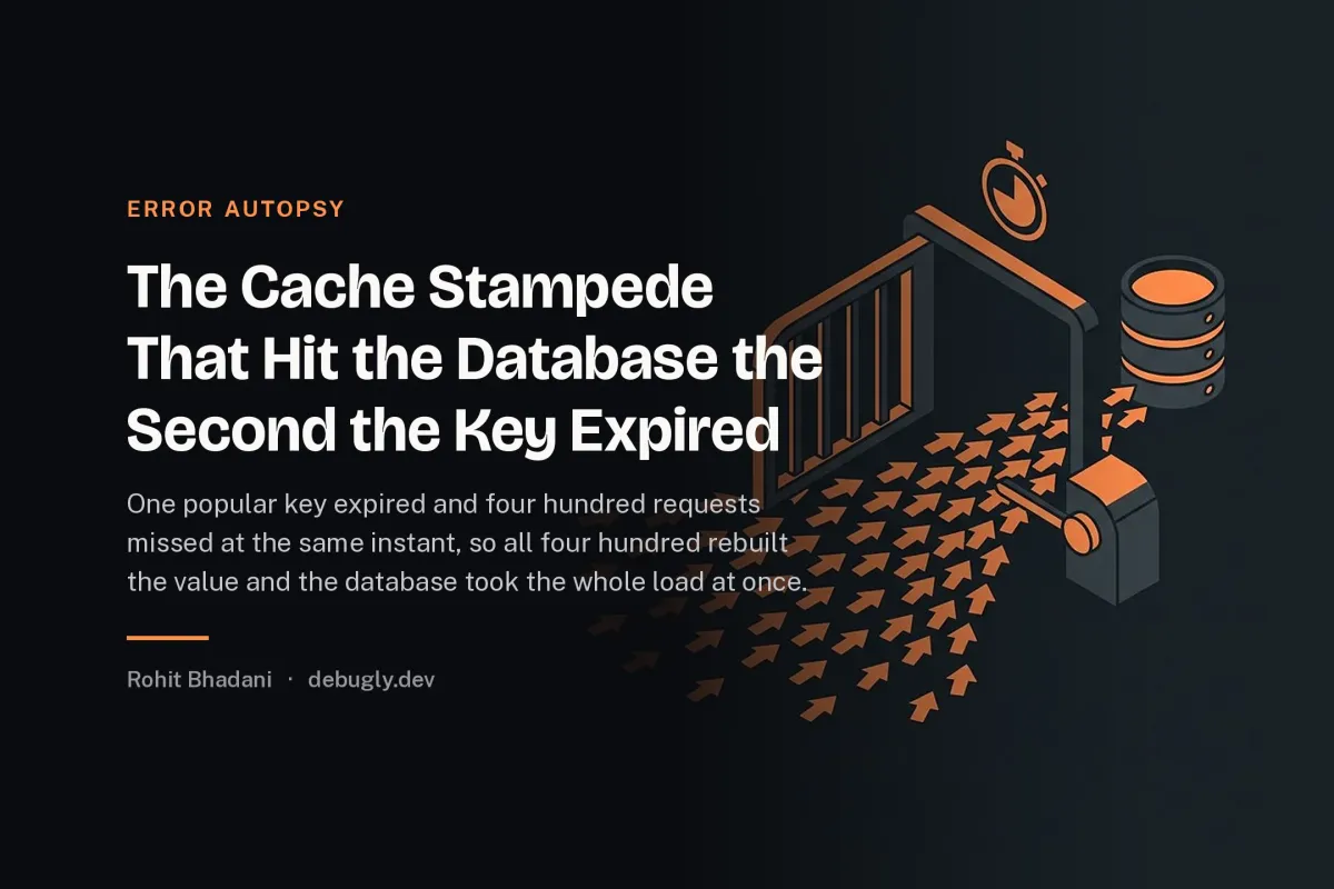 The Cache Stampede That Hit the Database the Second the Key Expired. Abstract error autopsy illustration in orange and dark grey on debugly.dev
