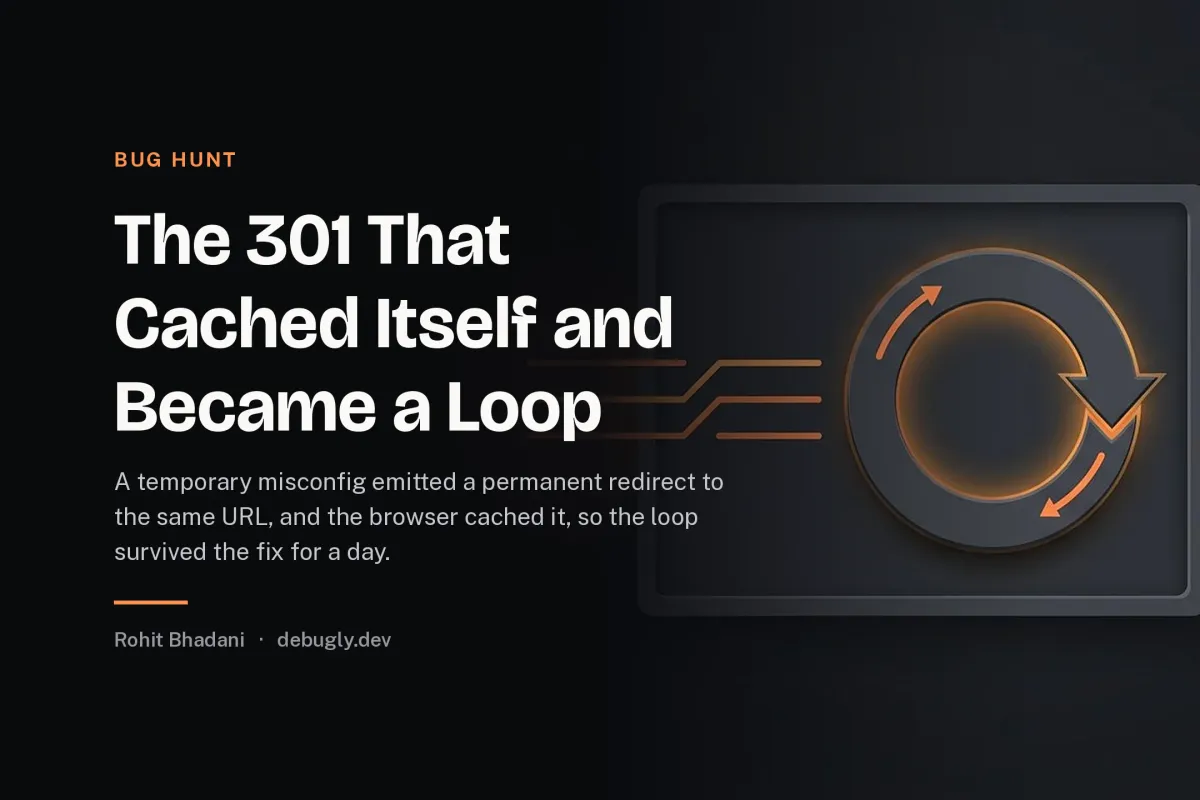 The 301 That Cached Itself and Became a Loop. Abstract bug hunt illustration in orange and dark grey on debugly.dev