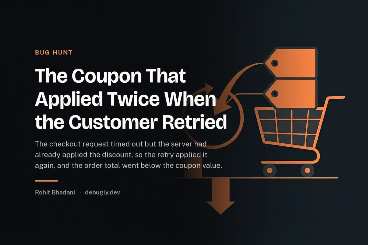 The Coupon That Applied Twice When the Customer Retried. Abstract bug hunt illustration in orange and dark grey on debugly.dev
