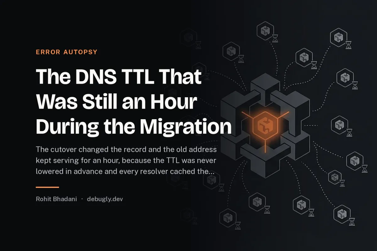 The DNS TTL That Was Still an Hour During the Migration. Abstract error autopsy illustration in orange and dark grey on debugly.dev